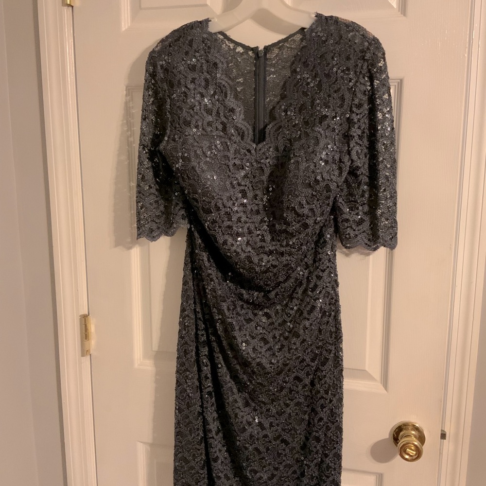 Dark bluish grey cocktail dress. Worn once for mother of the groom.